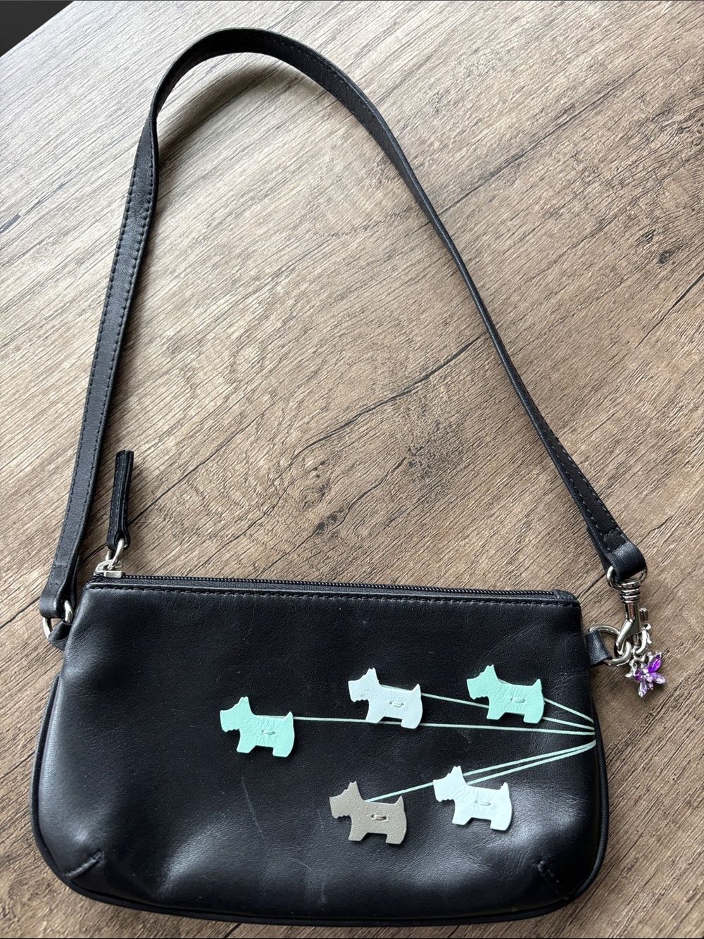 RADLEY LONDON Black Wristlet with Mint and Silver Scottie Dog Appliqués